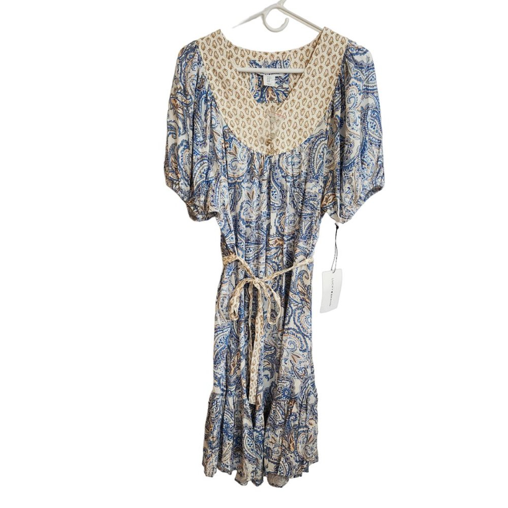 NWT Lucky Brand Blue Paisley Puff Sleeved Bohemian Midi Dress Size M